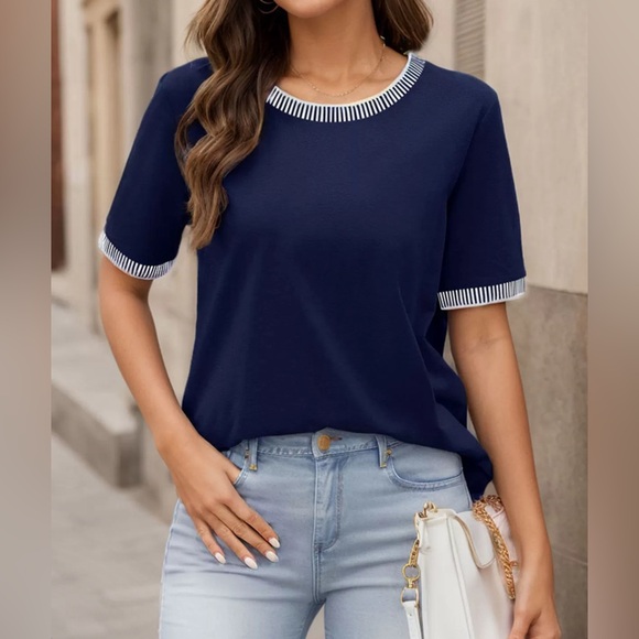 Tops - Navy Blue Round Striped Neck Top ptp 24
